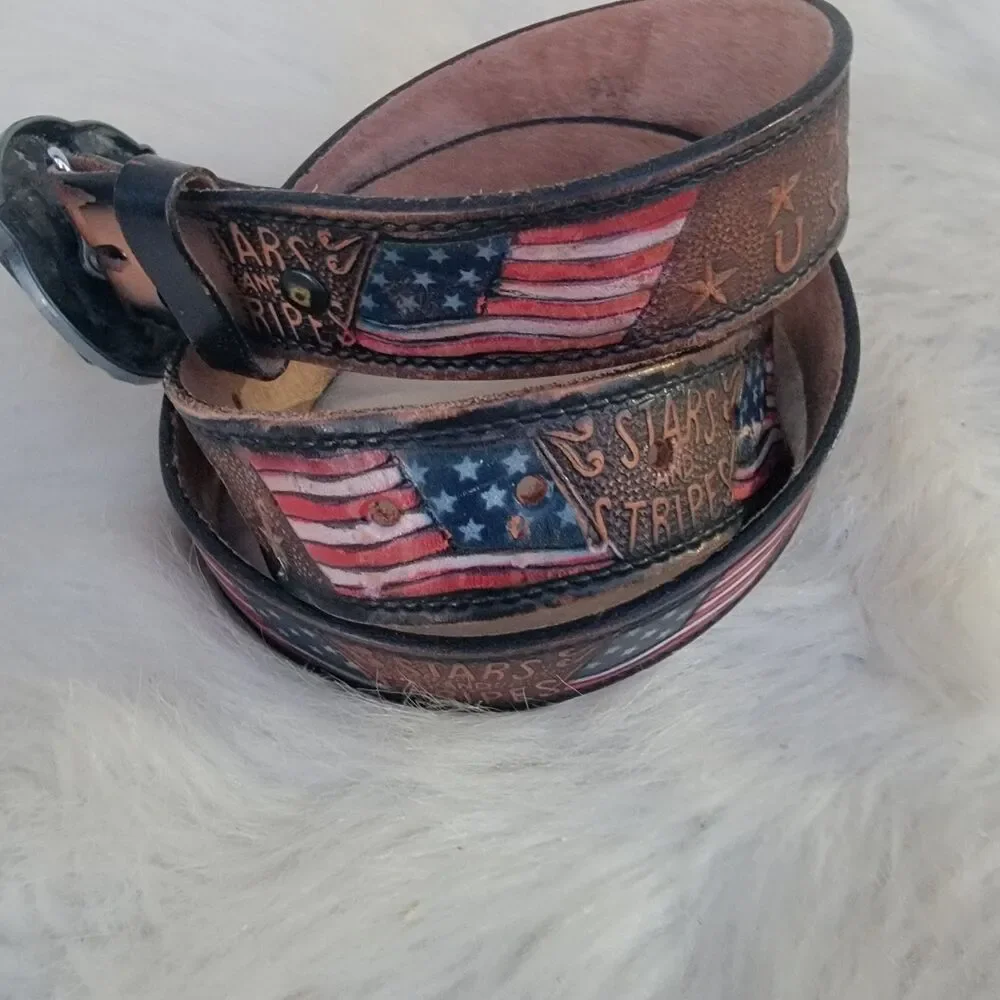 American heroes USA stars and stripes leather belt  Sz Large patriotic pow mia